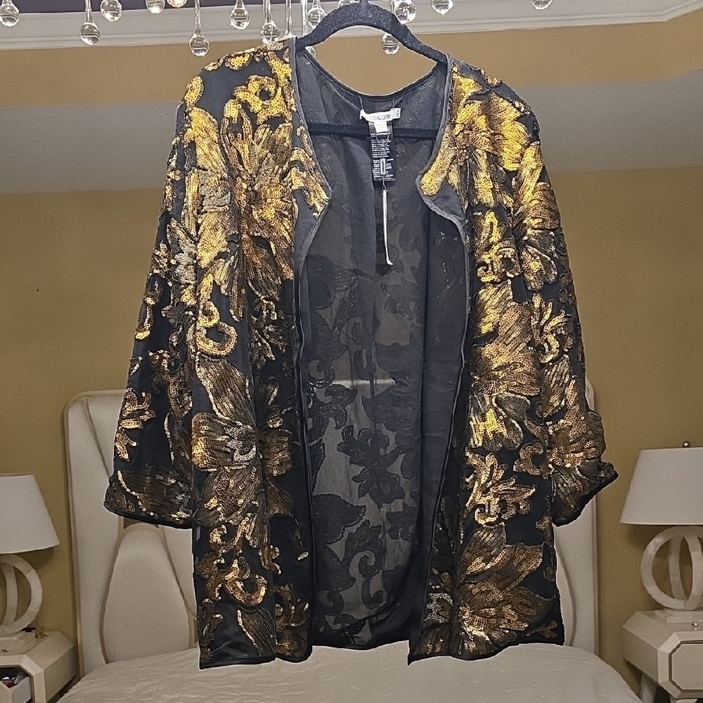 Chico's Black and Gold Embroidered Sequin Jacket Size 4 - Picture 6 of 16